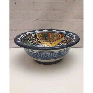 Vintage Mexican Terracotta Pottery Bowl Hand Painted Colorful Talavera 10.25"